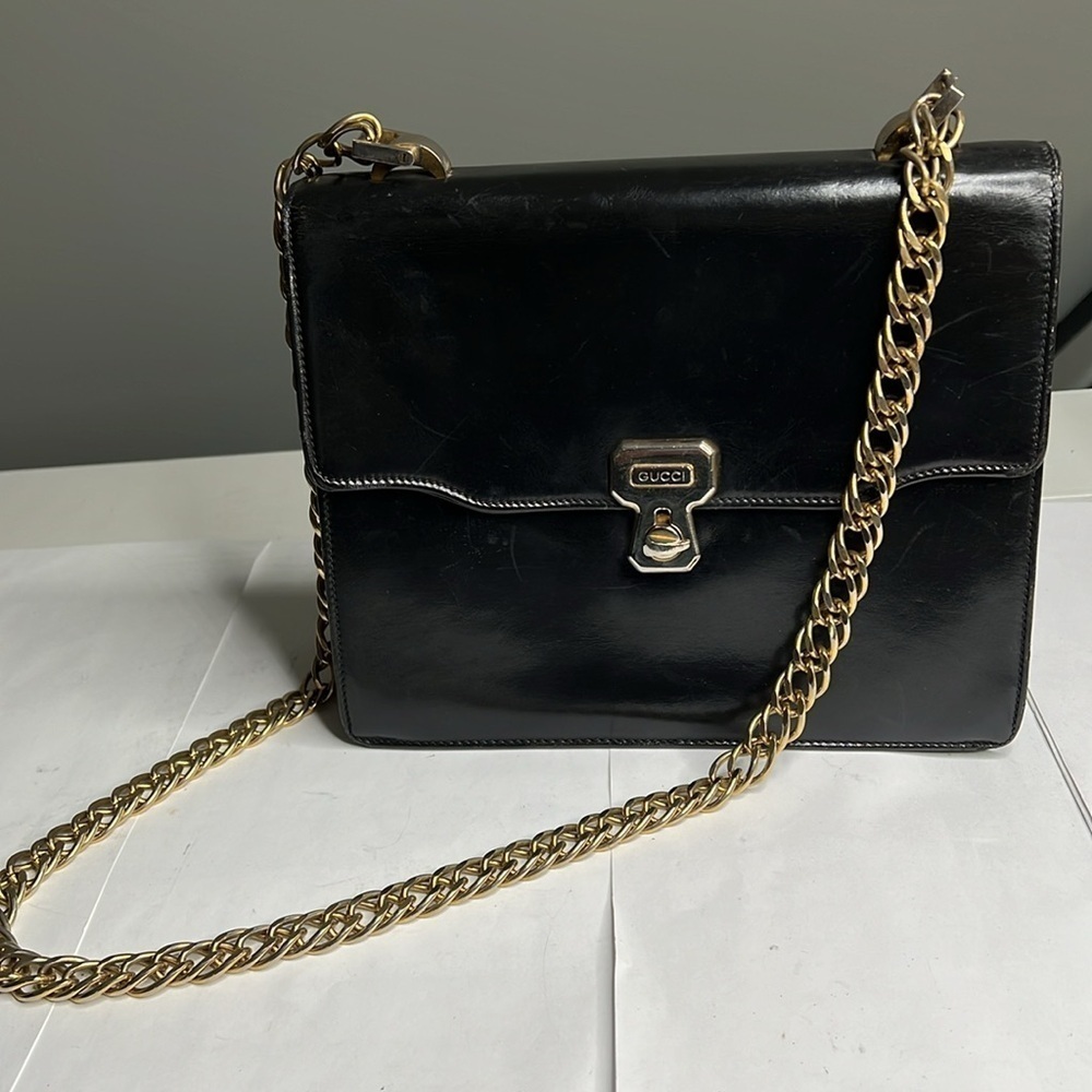 Gucci 1970’s Structured Black Leather Handbag On … - image 4